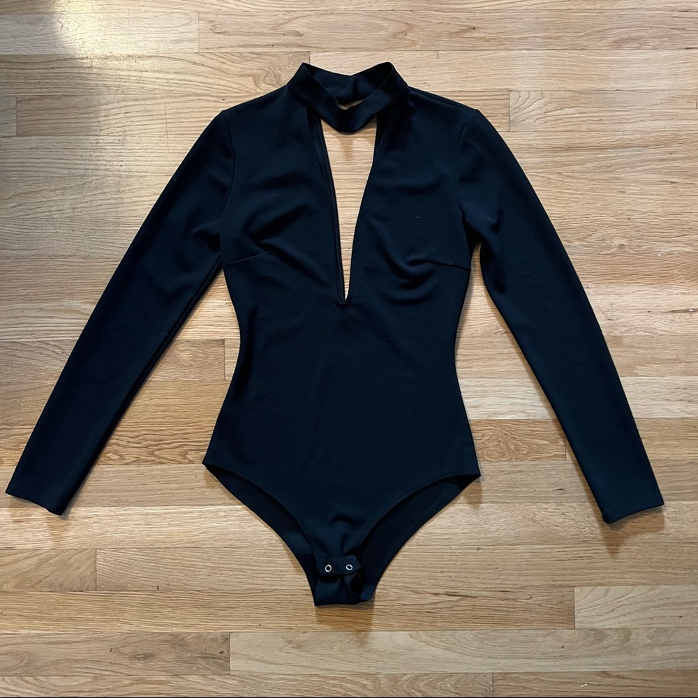 Akira Black Long sleeve Low V Neck Bodysuit